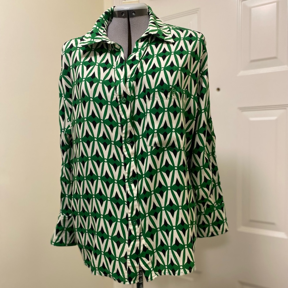 DEX Geometric Print Collared Long Sleeve Button Up Women’s Blouse size X - Picture 3 of 11